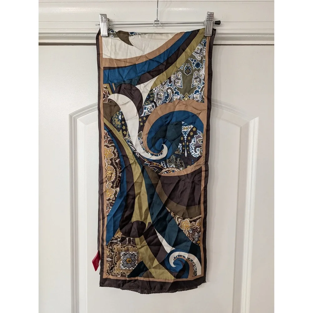 Oscar de la Renta Silk Scarf Brown Teal Paisley Abstract Swirl Rectangular Logo